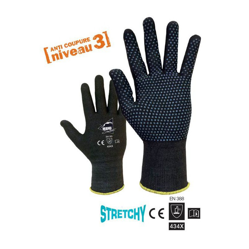 Lot de 10) Gants anti-coupure EUROCUT N313 13G gris ENDUCTION paume nitrile  lisse noir - extra confort Taille 7